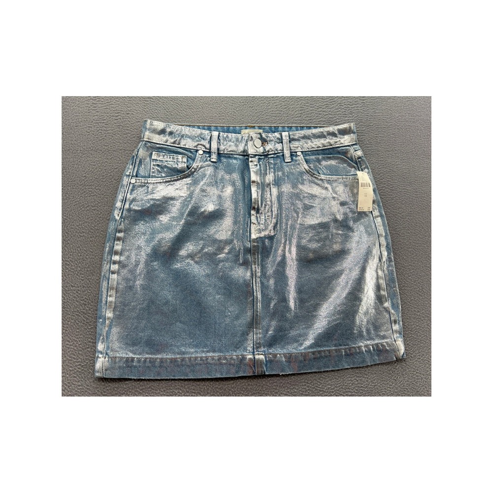 Anthropologie Pilcro Mini Skirt Womens Sz 12 Silver Foil Denim Blue Metallic NEW